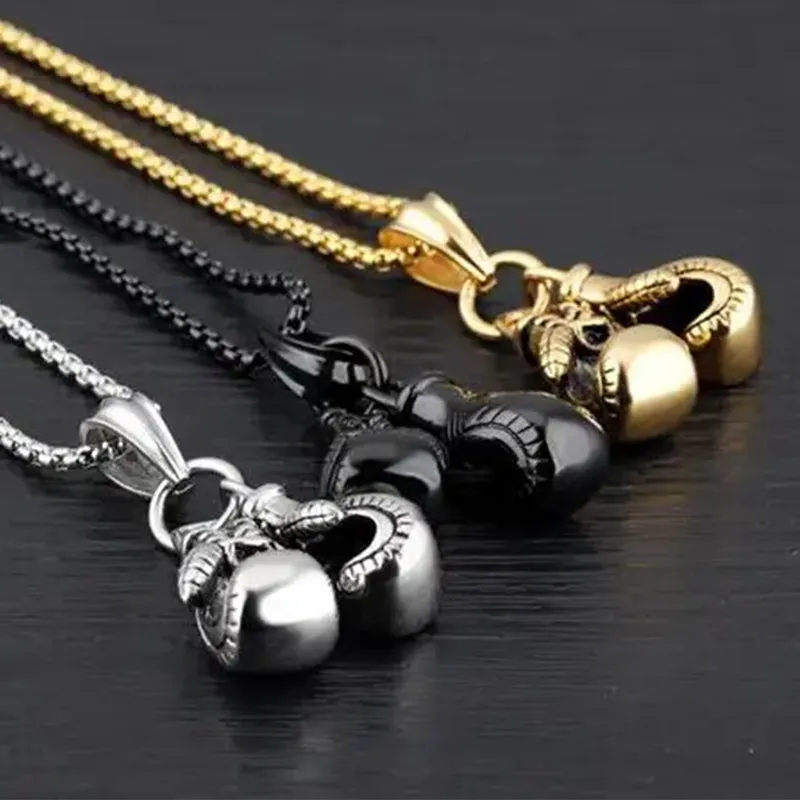 Men Punk Stainless Steel Boxing Gloves Chain Pendant Necklace