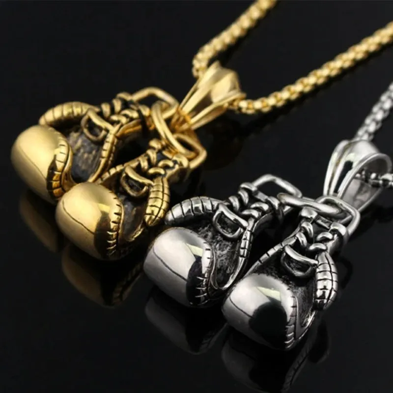 Men Punk Stainless Steel Boxing Gloves Chain Pendant Necklace