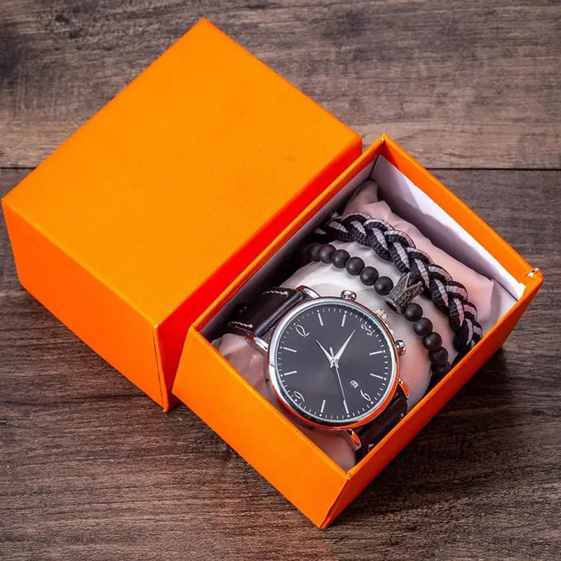 Men Quartz Watch and Bracelets Gift Box Set