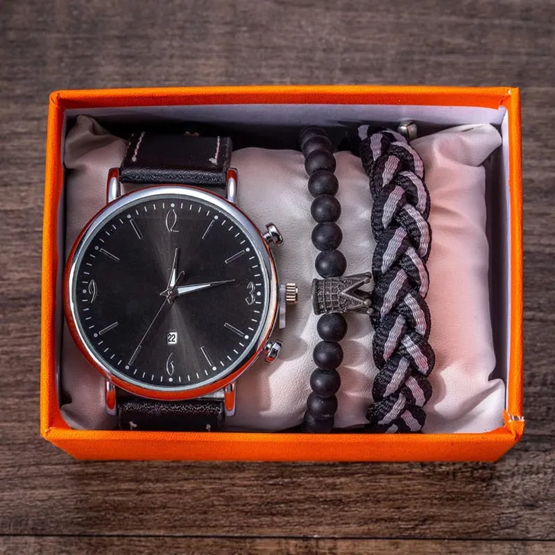 Men Quartz Watch and Bracelets Gift Box Set