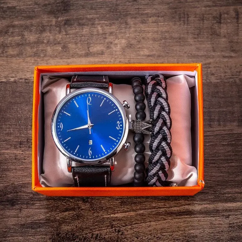 Men Quartz Watch and Bracelets Gift Box Set