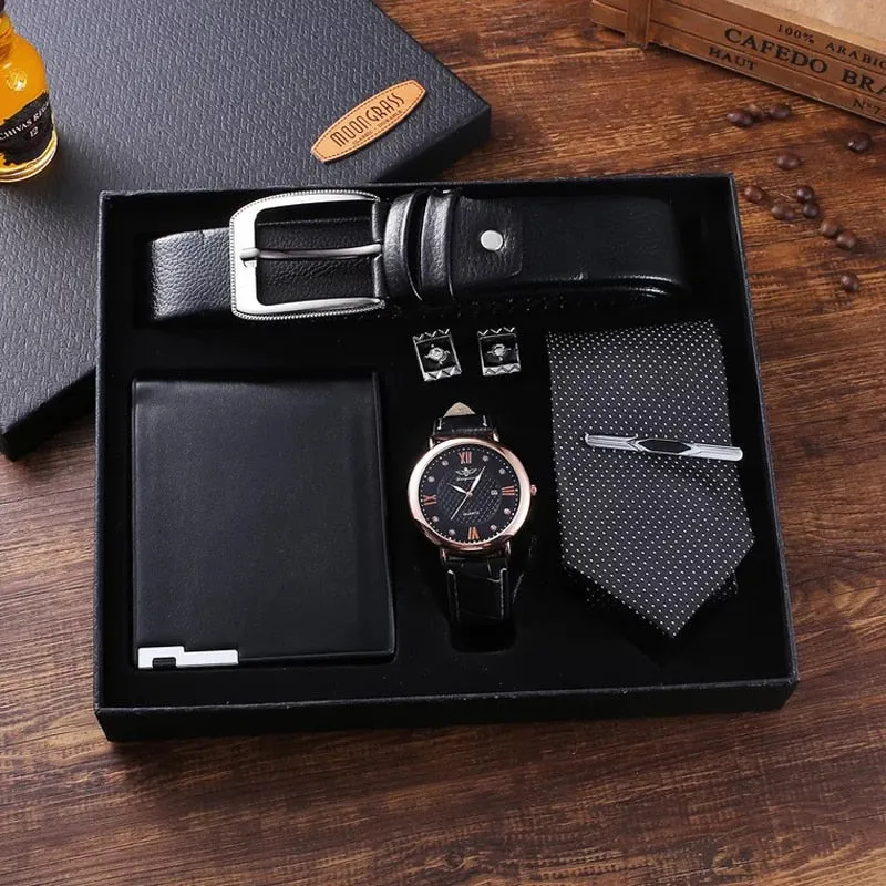 Men Quartz Watch, Belt, Wallet, Cufflinks, and Tie Clip Gift Set