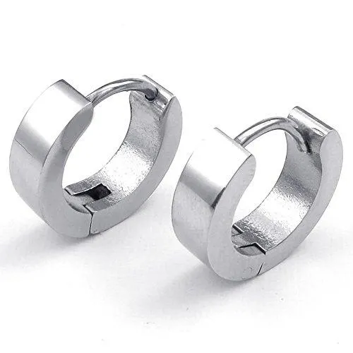 Men Stainless Steel Classic Plain Huggie Hinged Hoop Earrings