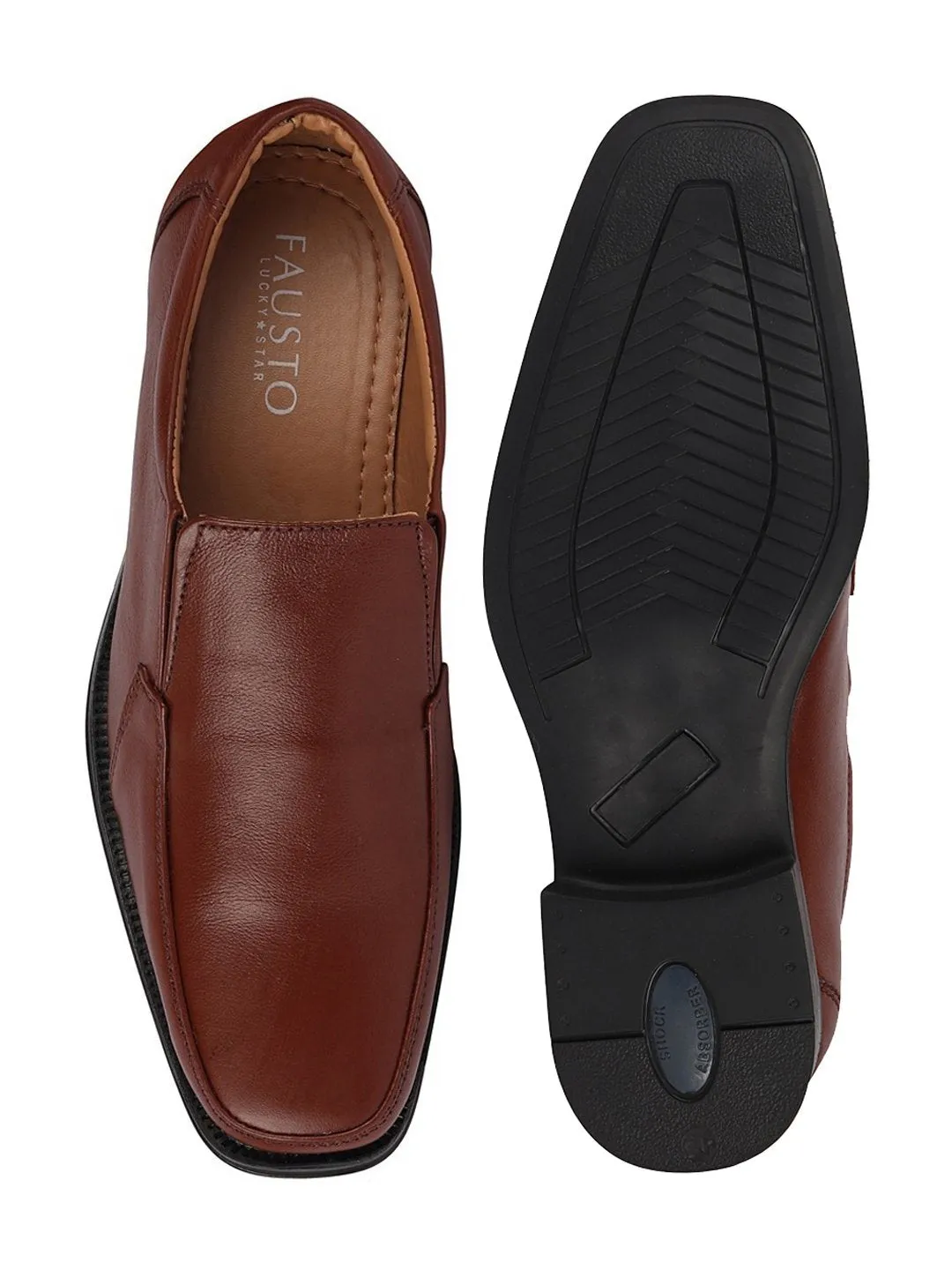 Men Tan Formal Leather Slip On Shoes with Shock Absorber TPR Sole