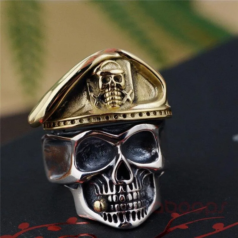 Men's 925 Sterling Silver Caribbean Pirate Skull Ring Adjustable