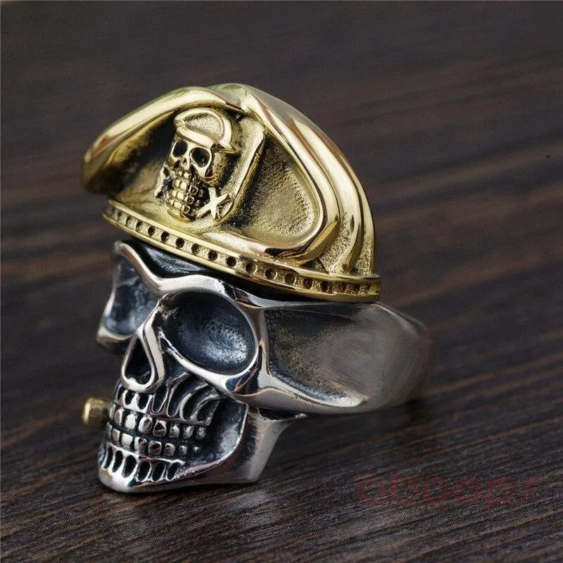 Men's 925 Sterling Silver Caribbean Pirate Skull Ring Adjustable