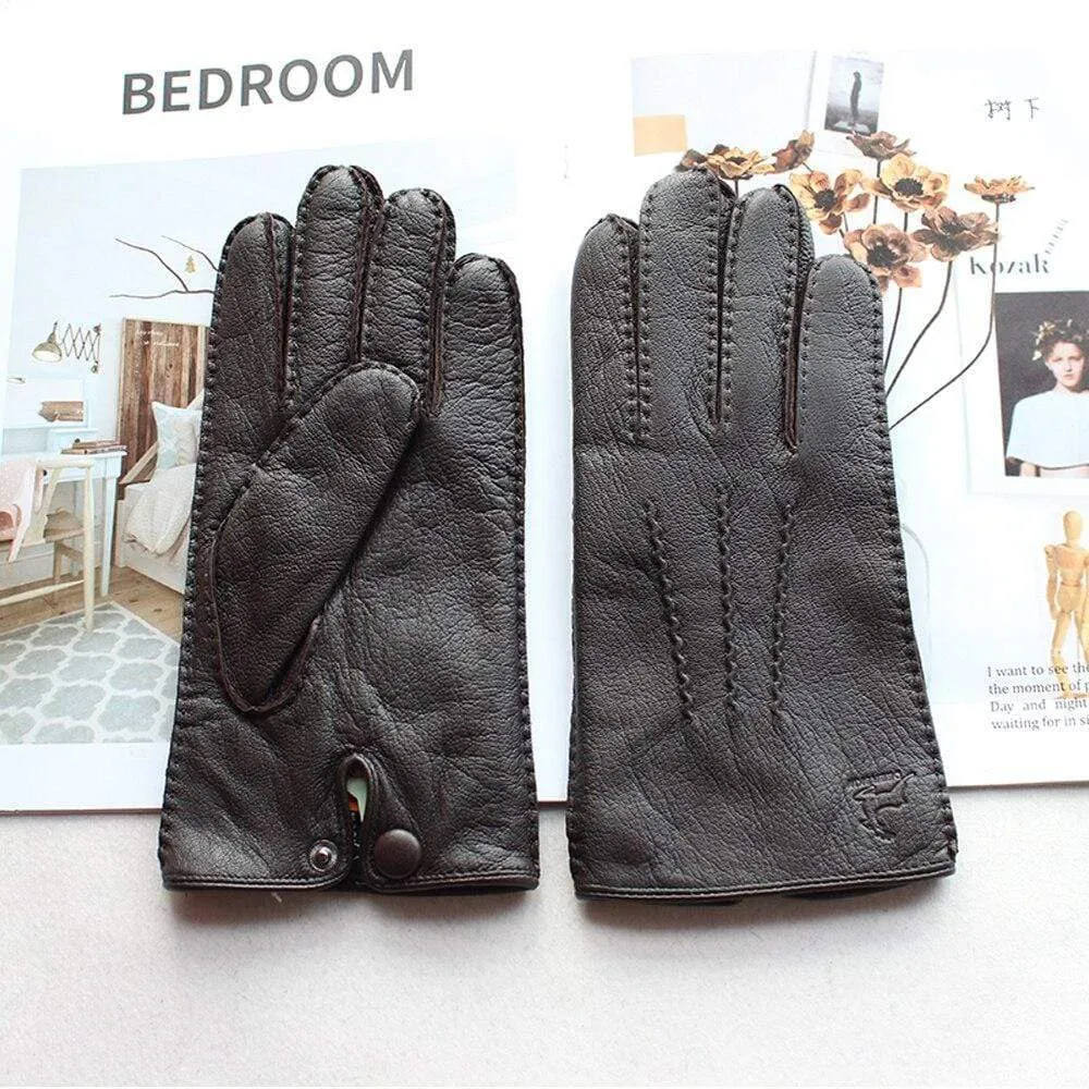 Men's Fashion Deerskin Gloves Colour Touch Screen Hand-Stitched Wool Lining Genuine Leather Gloves