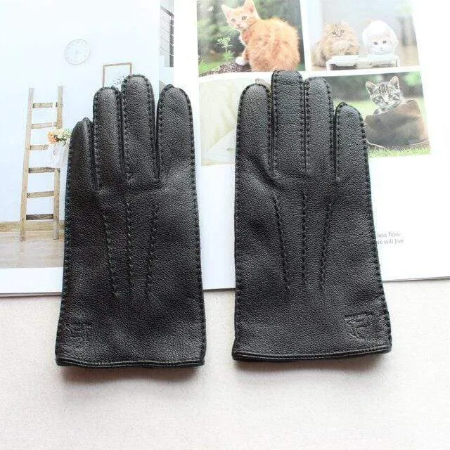 Men's Fashion Deerskin Gloves Colour Touch Screen Hand-Stitched Wool Lining Genuine Leather Gloves