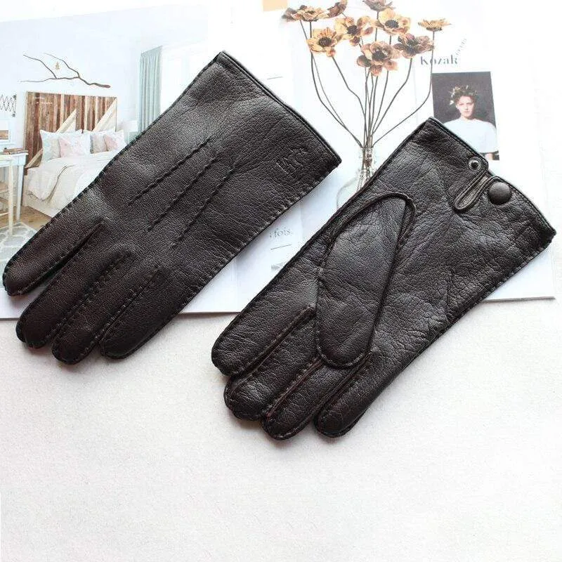 Men's Fashion Deerskin Gloves Colour Touch Screen Hand-Stitched Wool Lining Genuine Leather Gloves