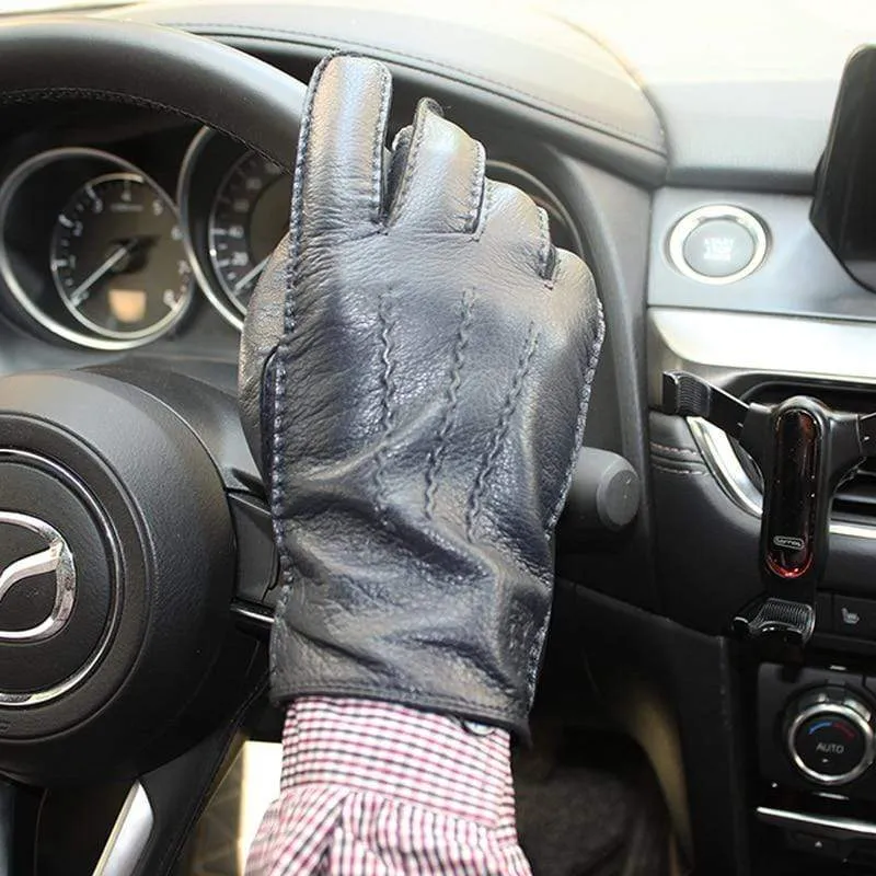 Men's Fashion Deerskin Gloves Colour Touch Screen Hand-Stitched Wool Lining Genuine Leather Gloves