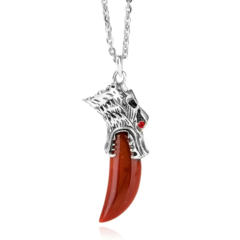 Men's Stainless Steel Pendant Necklace Natural Crystal Wolf Tooth Tribal