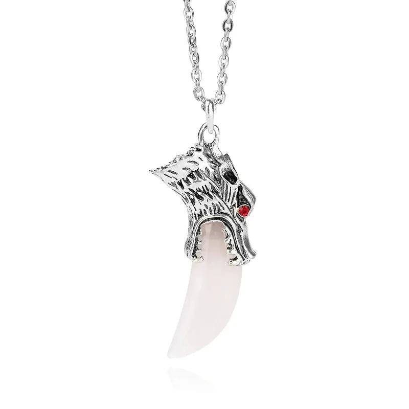 Men's Stainless Steel Pendant Necklace Natural Crystal Wolf Tooth Tribal