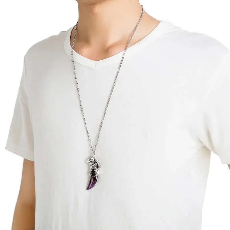 Men's Stainless Steel Pendant Necklace Natural Crystal Wolf Tooth Tribal