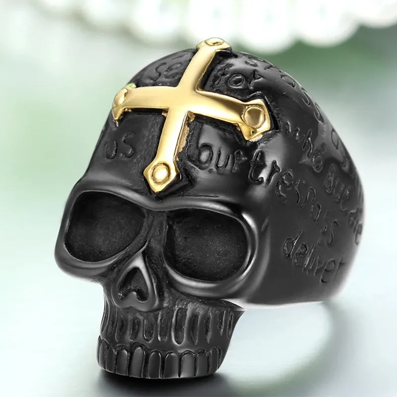 Men's Stainless Steel Rings Black Gold Skull Cross Bible Lords Prayer Gothic