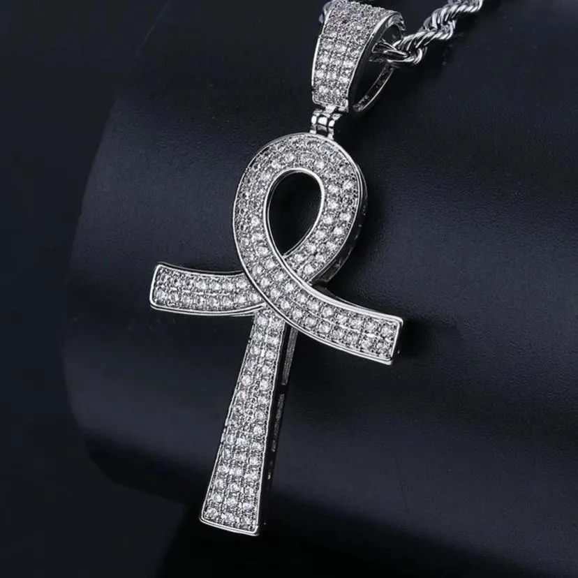 Metallic Ankh Pendant with Cubic Zirconia Crystals and Chain Necklace