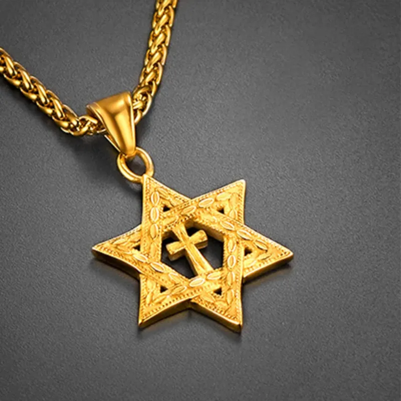 Metallic Messianic Star of David around Holy Cross Pendant Necklace