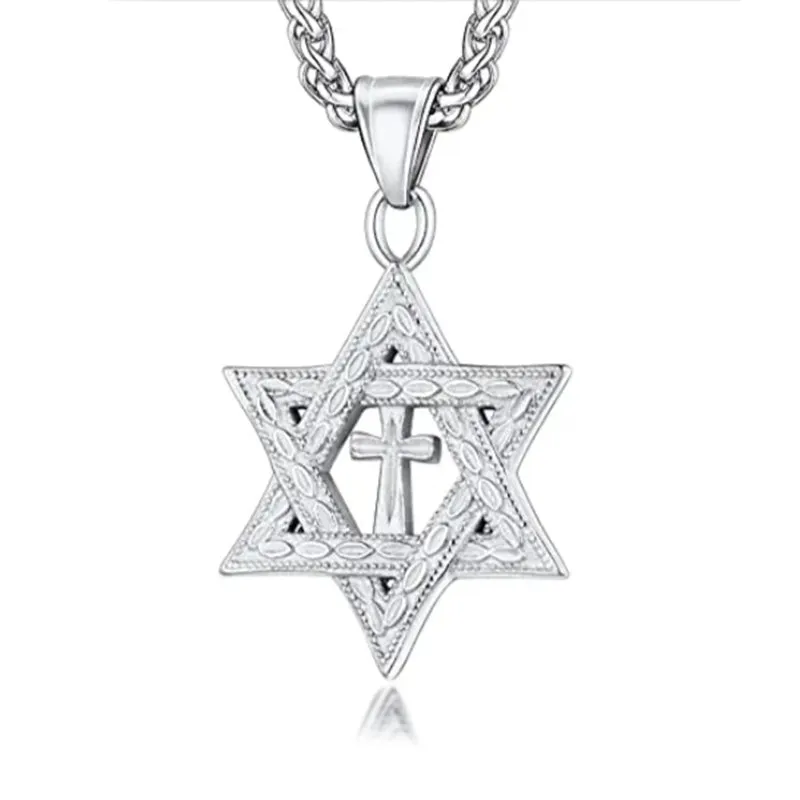 Metallic Messianic Star of David around Holy Cross Pendant Necklace