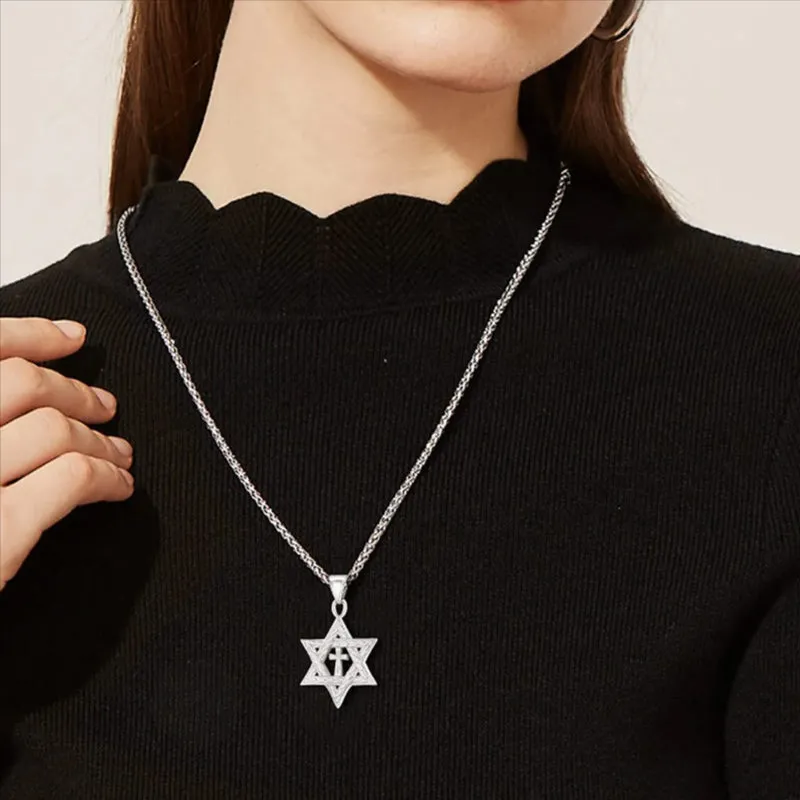 Metallic Messianic Star of David around Holy Cross Pendant Necklace