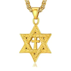 Metallic Messianic Star of David around Holy Cross Pendant Necklace