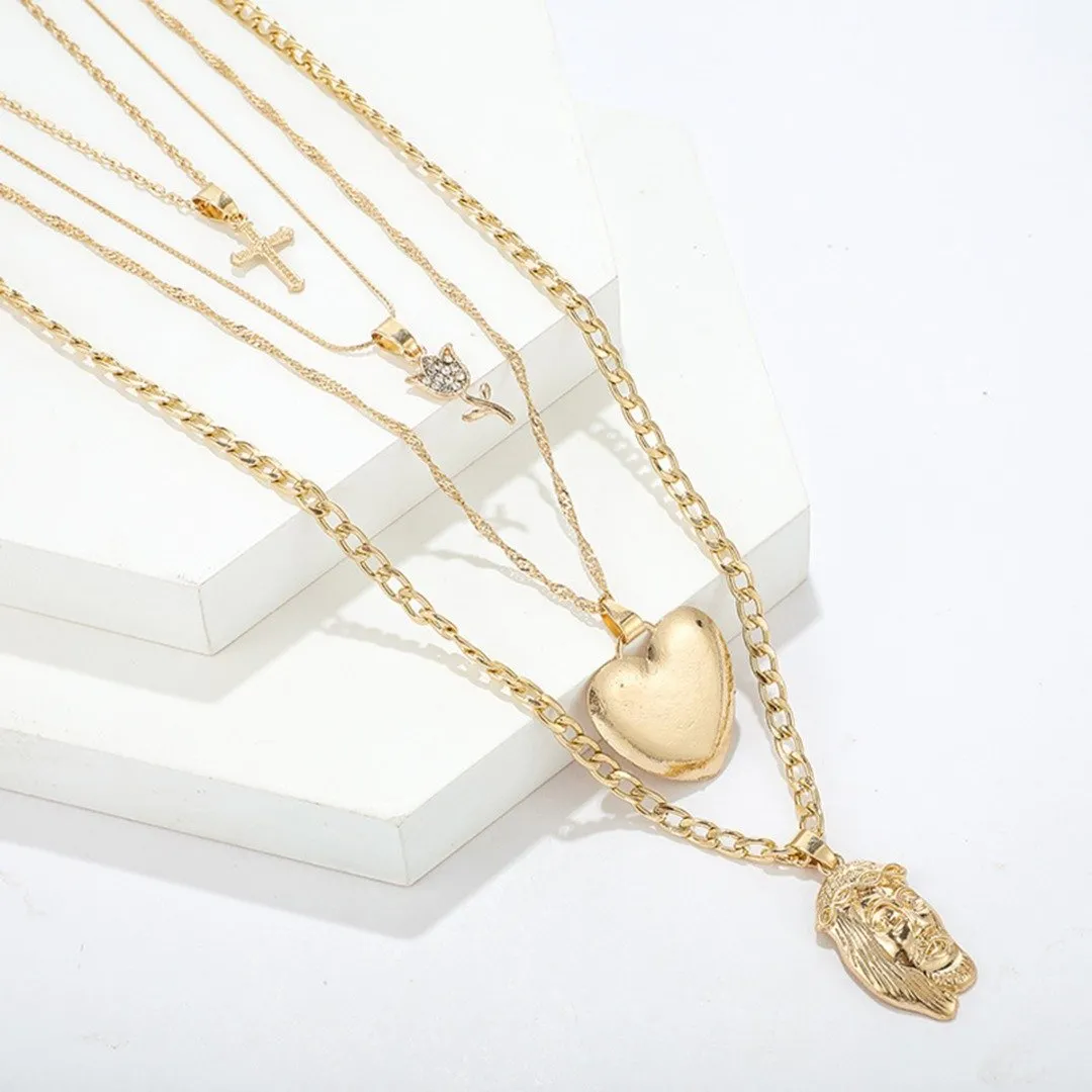 Multi-layer Gold Chain Necklace with Cross, Rose, Heart, and Jesus Pendant