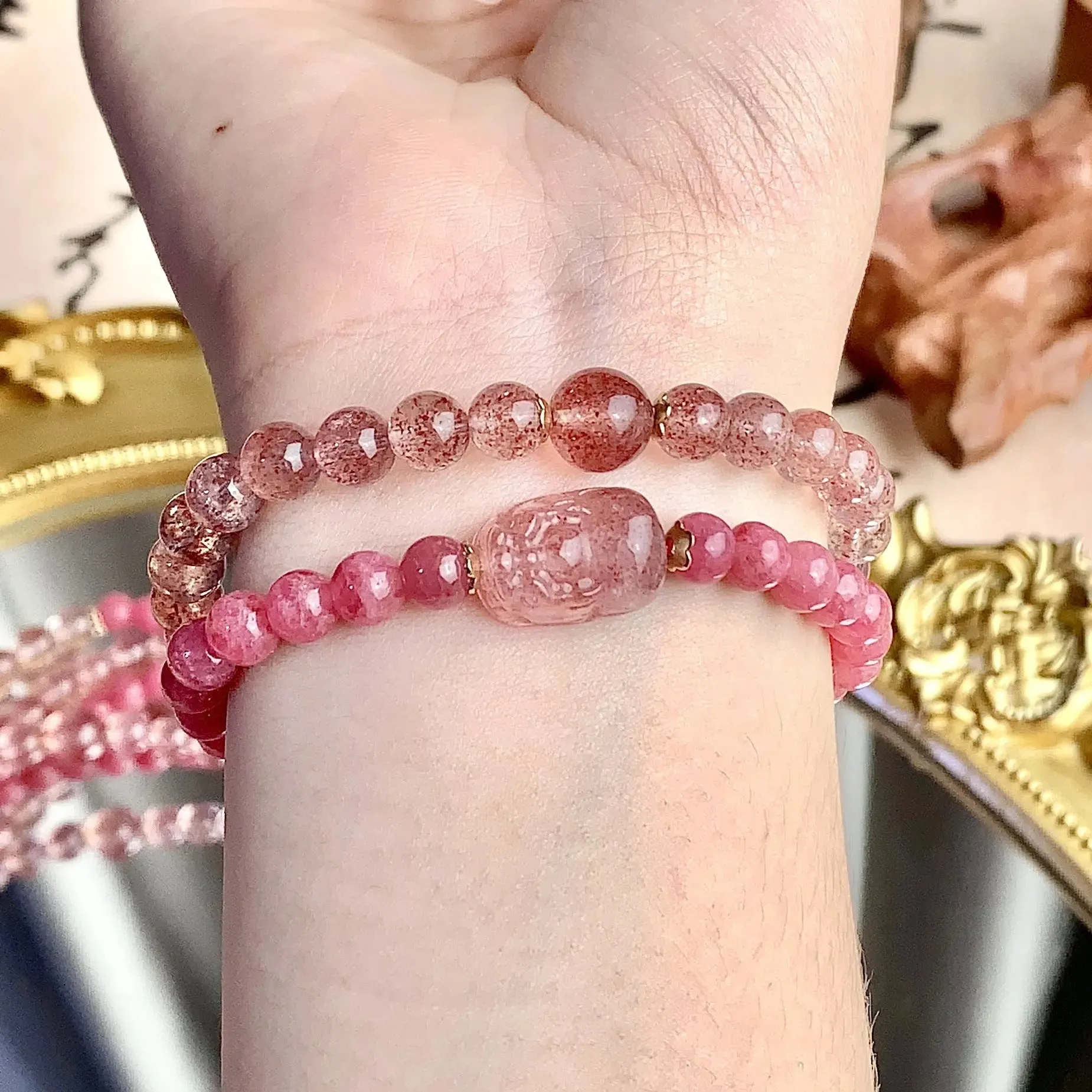 Natural Strawberry Quartz Rhodonite Bracelet