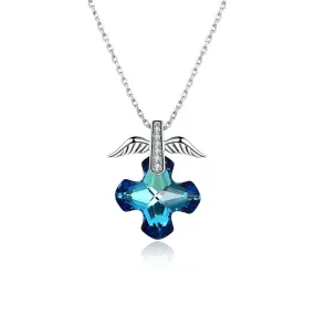 Necklace with Blue Sapphire Crystal Cross with Silver Wings