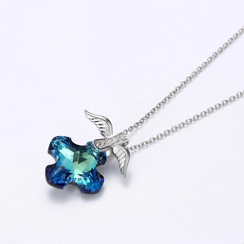 Necklace with Blue Sapphire Crystal Cross with Silver Wings