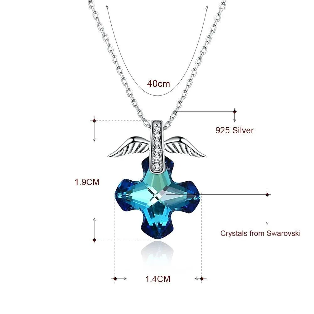 Necklace with Blue Sapphire Crystal Cross with Silver Wings