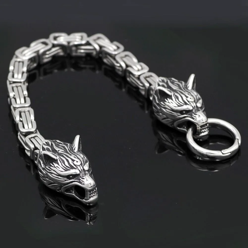 Norse Wolf Heads Viking Bracelet with Byzantine Chain