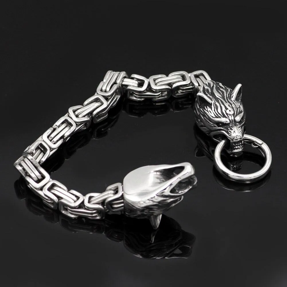 Norse Wolf Heads Viking Bracelet with Byzantine Chain