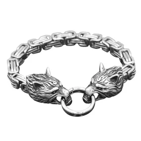 Norse Wolf Heads Viking Bracelet with Byzantine Chain