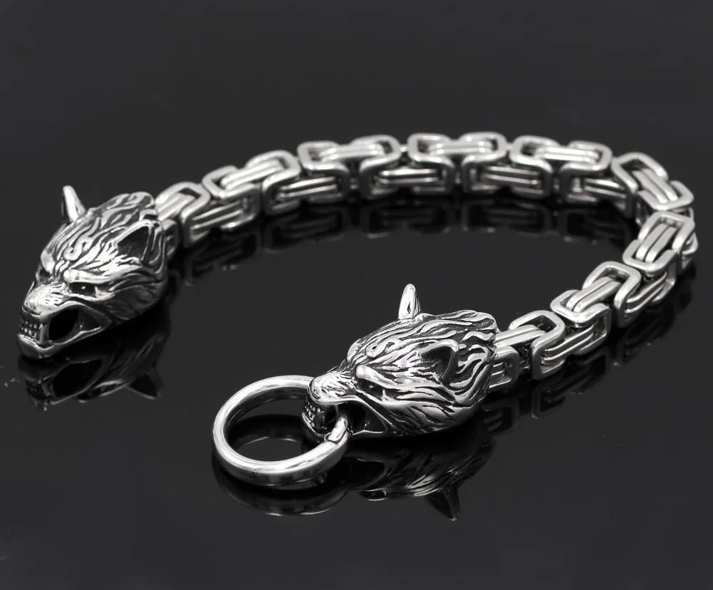 Norse Wolf Heads Viking Bracelet with Byzantine Chain