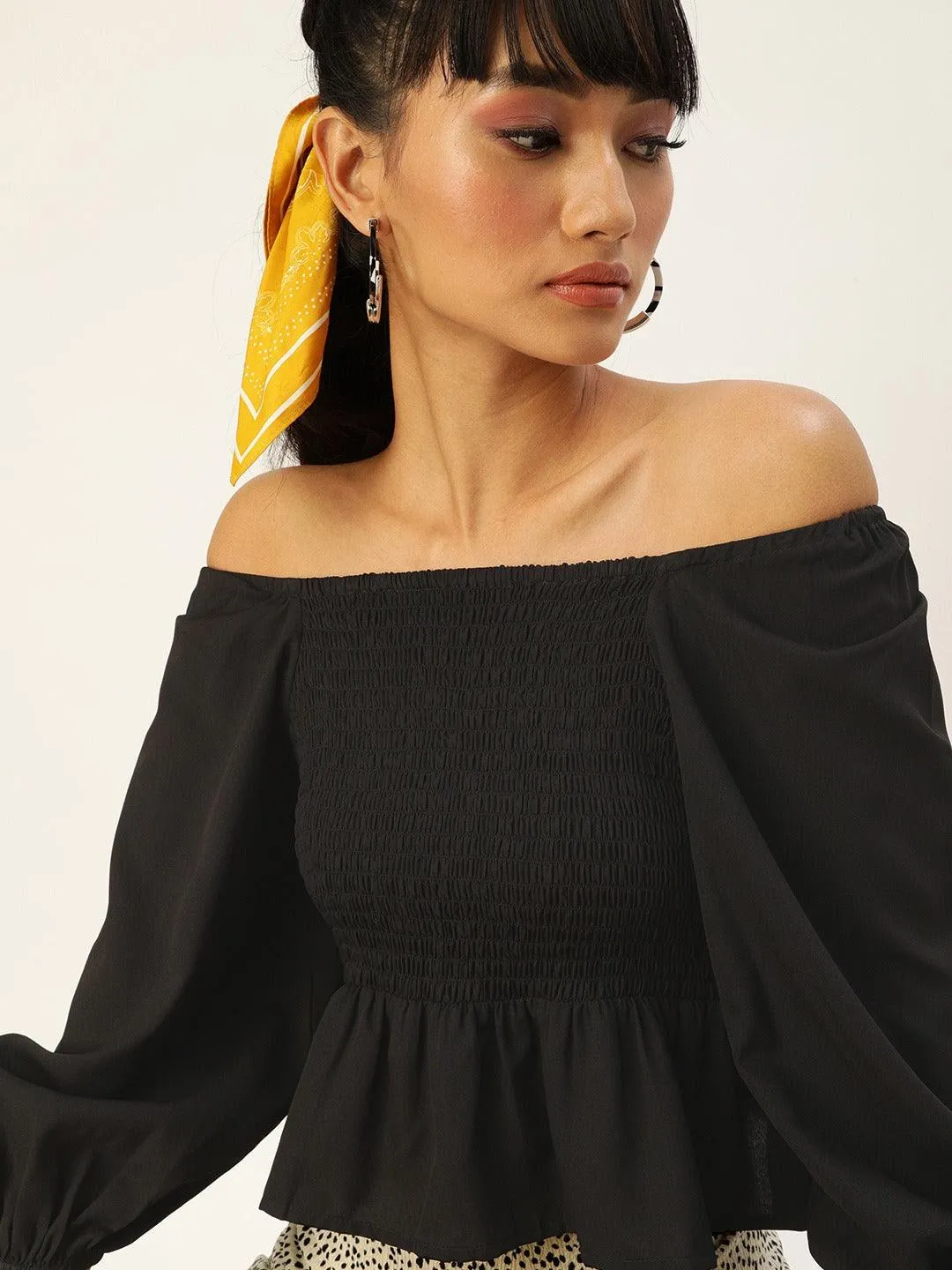 Off-Shoulder Puff Sleeve Smocked Crepe Peplum Crop Top