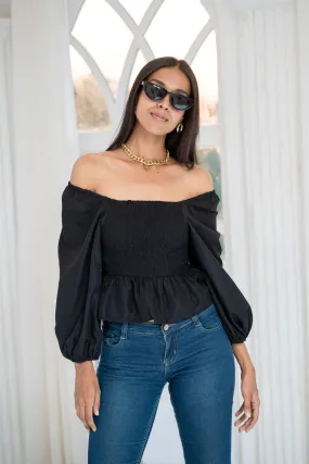 Off-Shoulder Puff Sleeve Smocked Crepe Peplum Crop Top