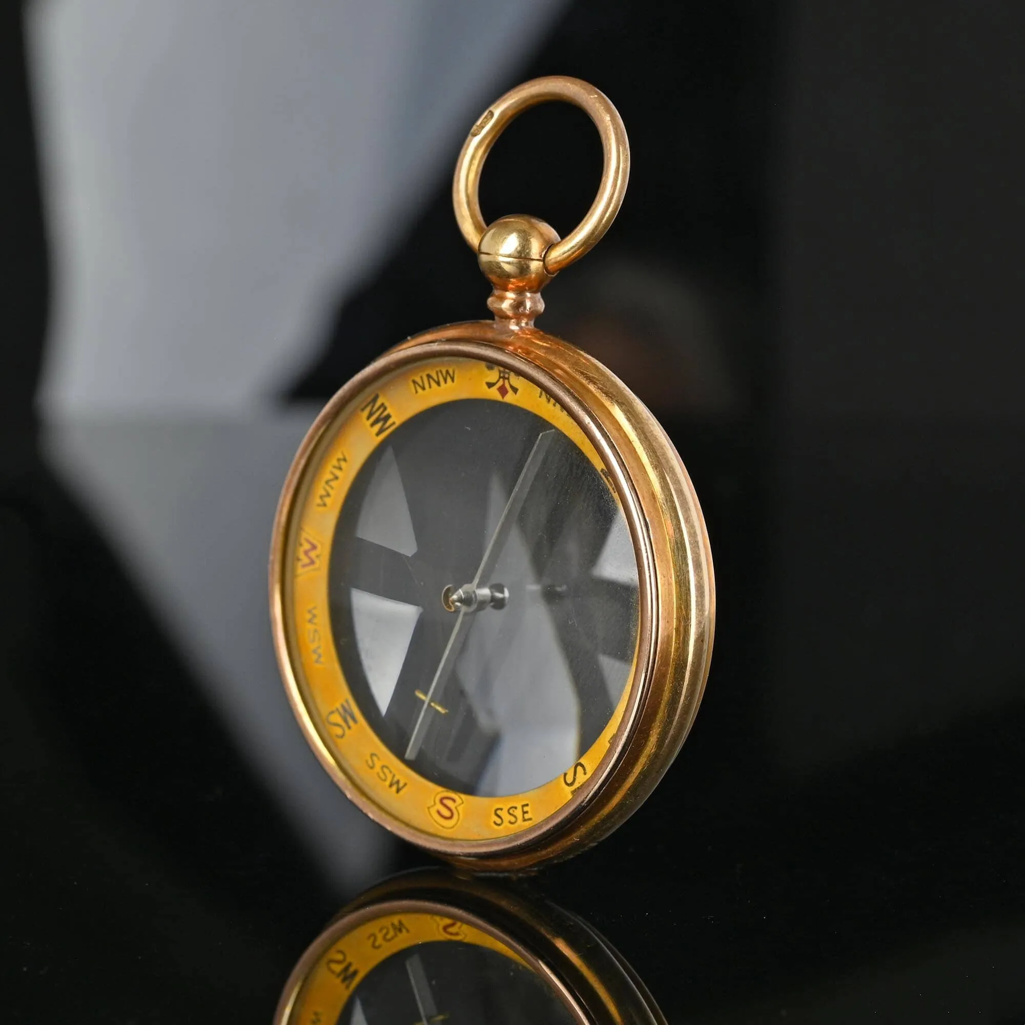 ON HOLD Large Antique 15K Gold Working Compass Fob Pendant w Case