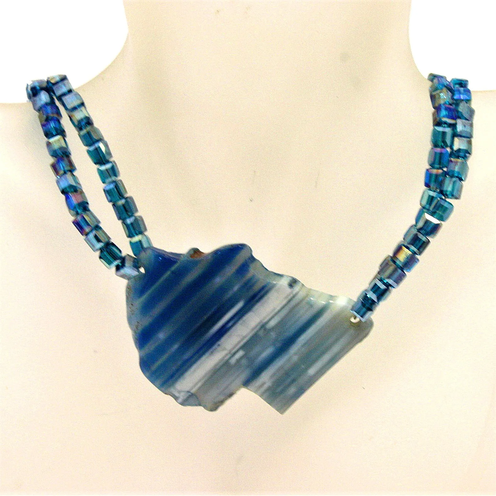 One of a Kind Blue Brazilian Striped Agate Pendant Necklace with Deep Aqua Crystals