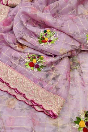 Onion Pink Color Organza Saree with Floral Digital Print and Hand Embroidery