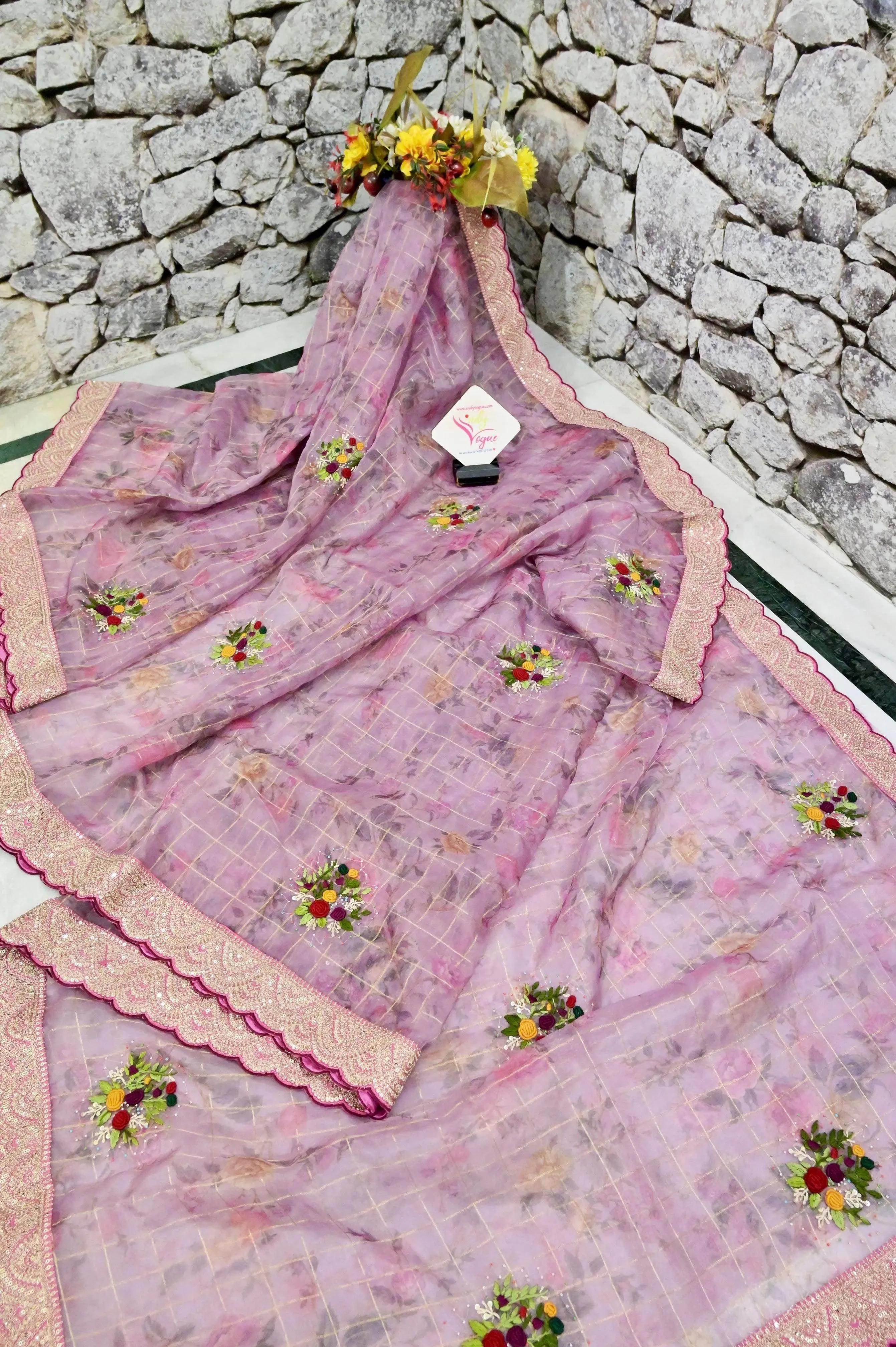 Onion Pink Color Organza Saree with Floral Digital Print and Hand Embroidery