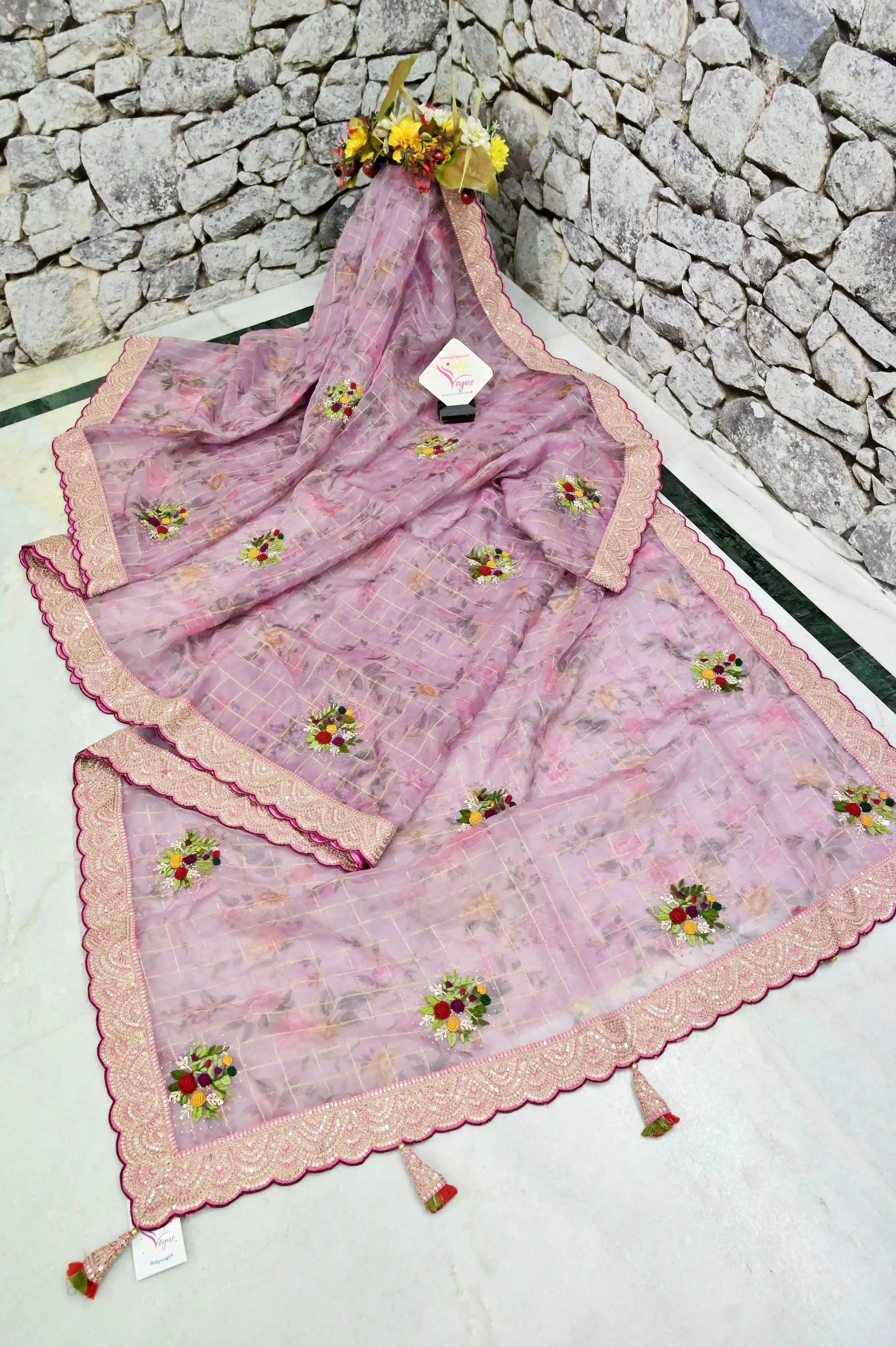 Onion Pink Color Organza Saree with Floral Digital Print and Hand Embroidery