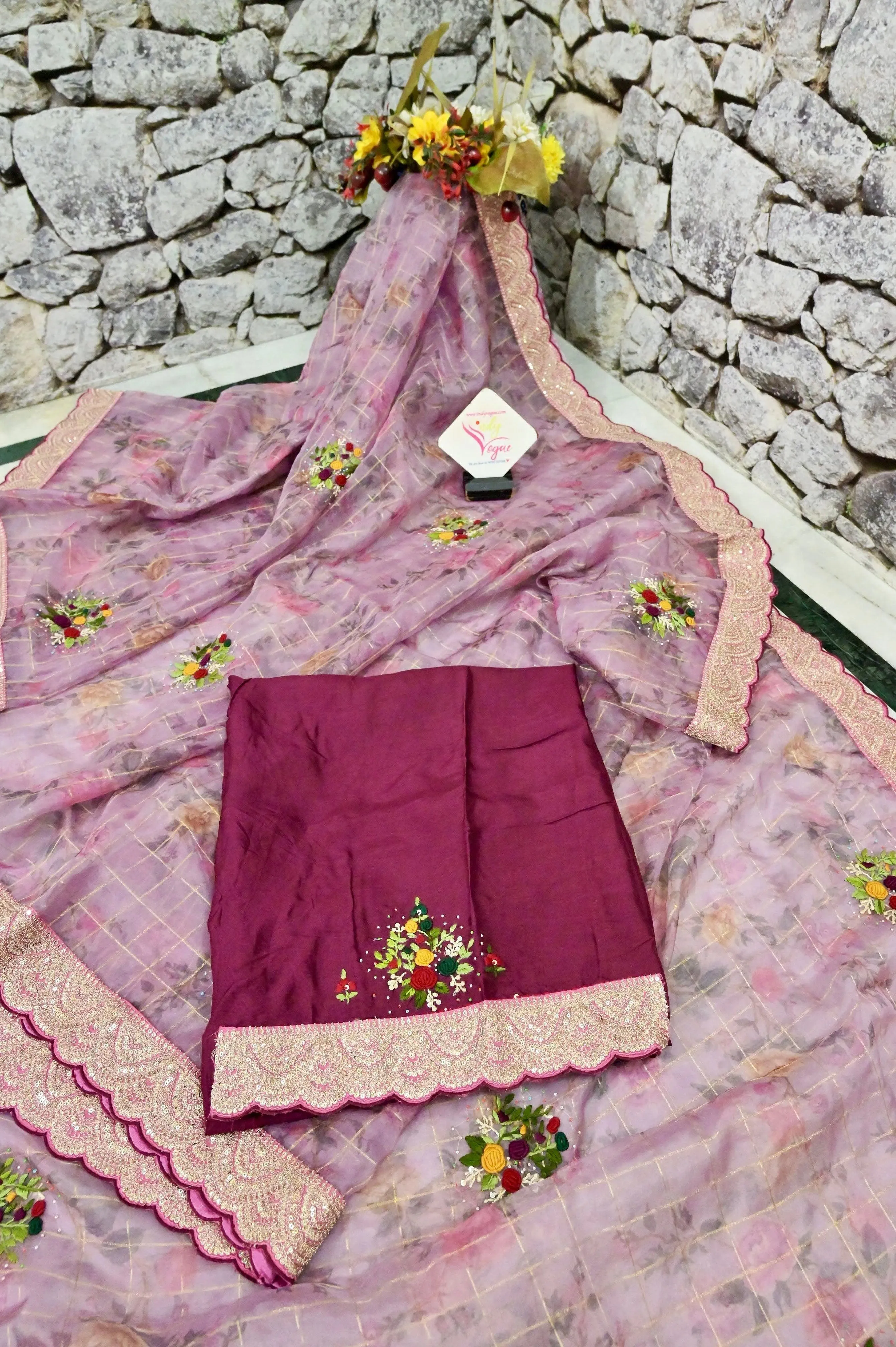 Onion Pink Color Organza Saree with Floral Digital Print and Hand Embroidery