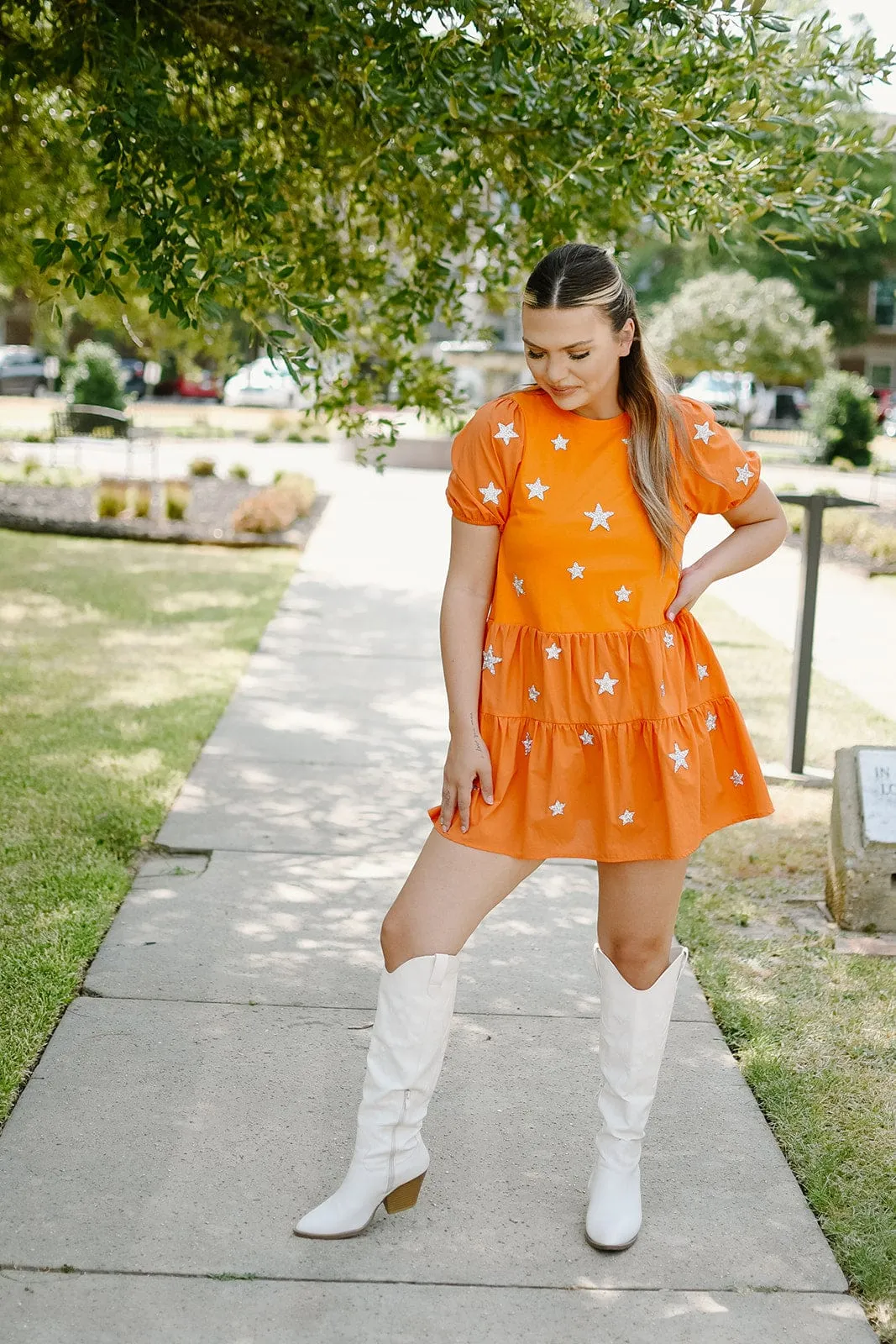 Orange Star Tiered Babydoll Dress