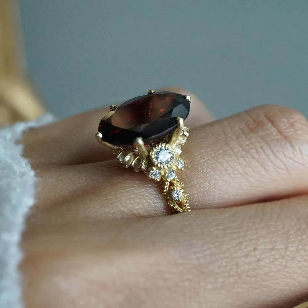 Oval Garnet Queen Victoria Diamond Ring in 14K and 18K Gold