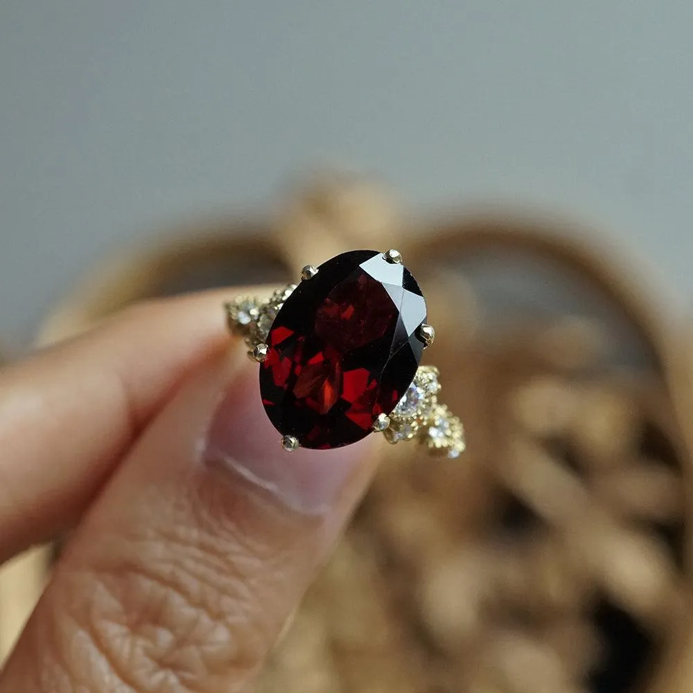 Oval Garnet Queen Victoria Diamond Ring in 14K and 18K Gold