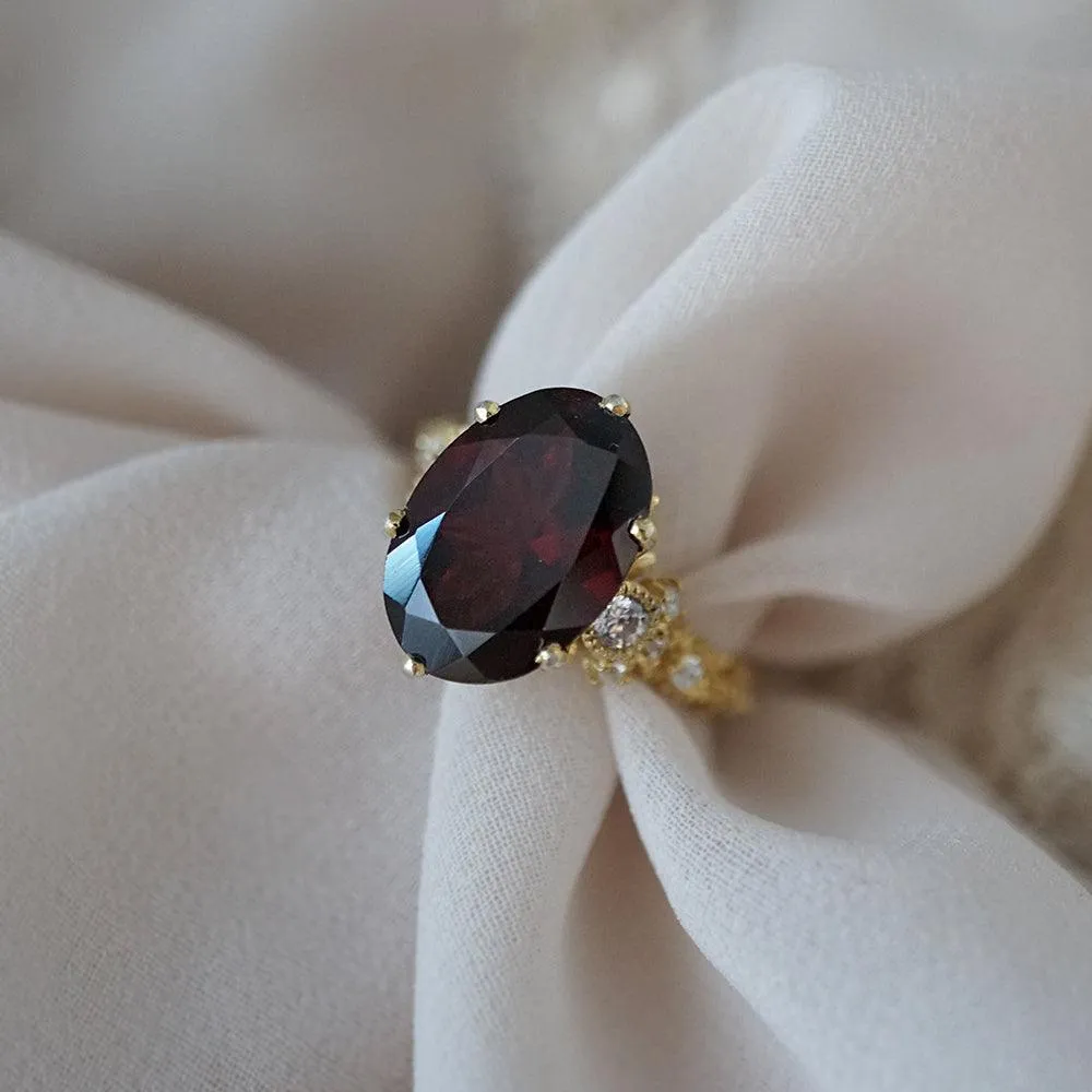 Oval Garnet Queen Victoria Diamond Ring in 14K and 18K Gold