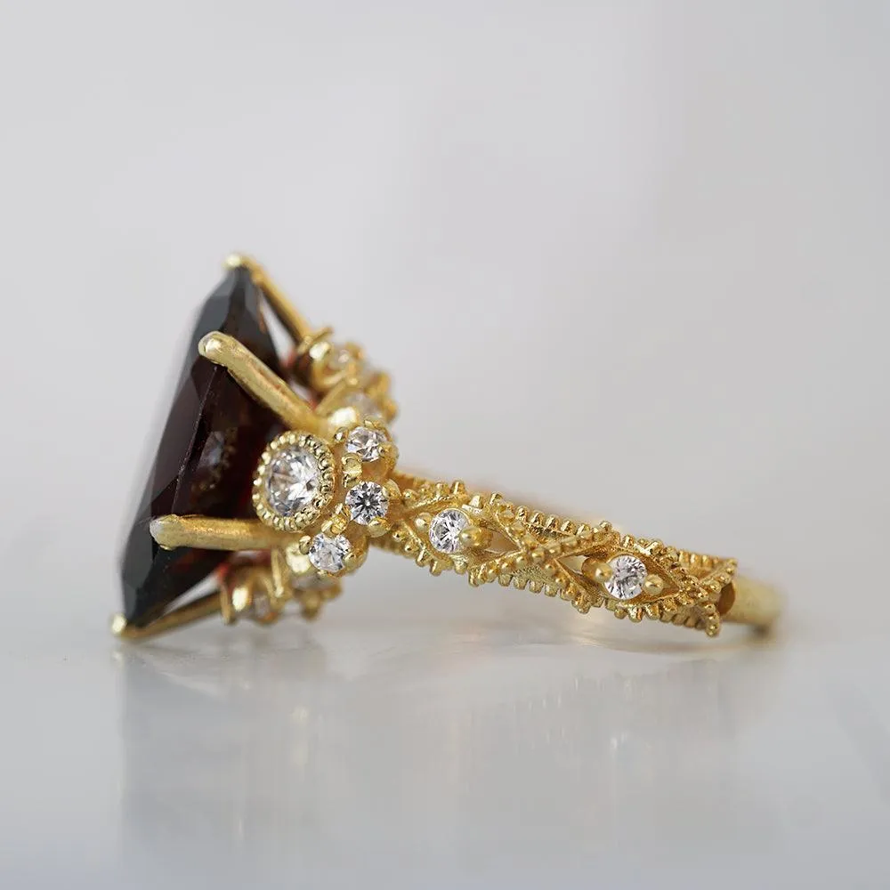 Oval Garnet Queen Victoria Diamond Ring in 14K and 18K Gold