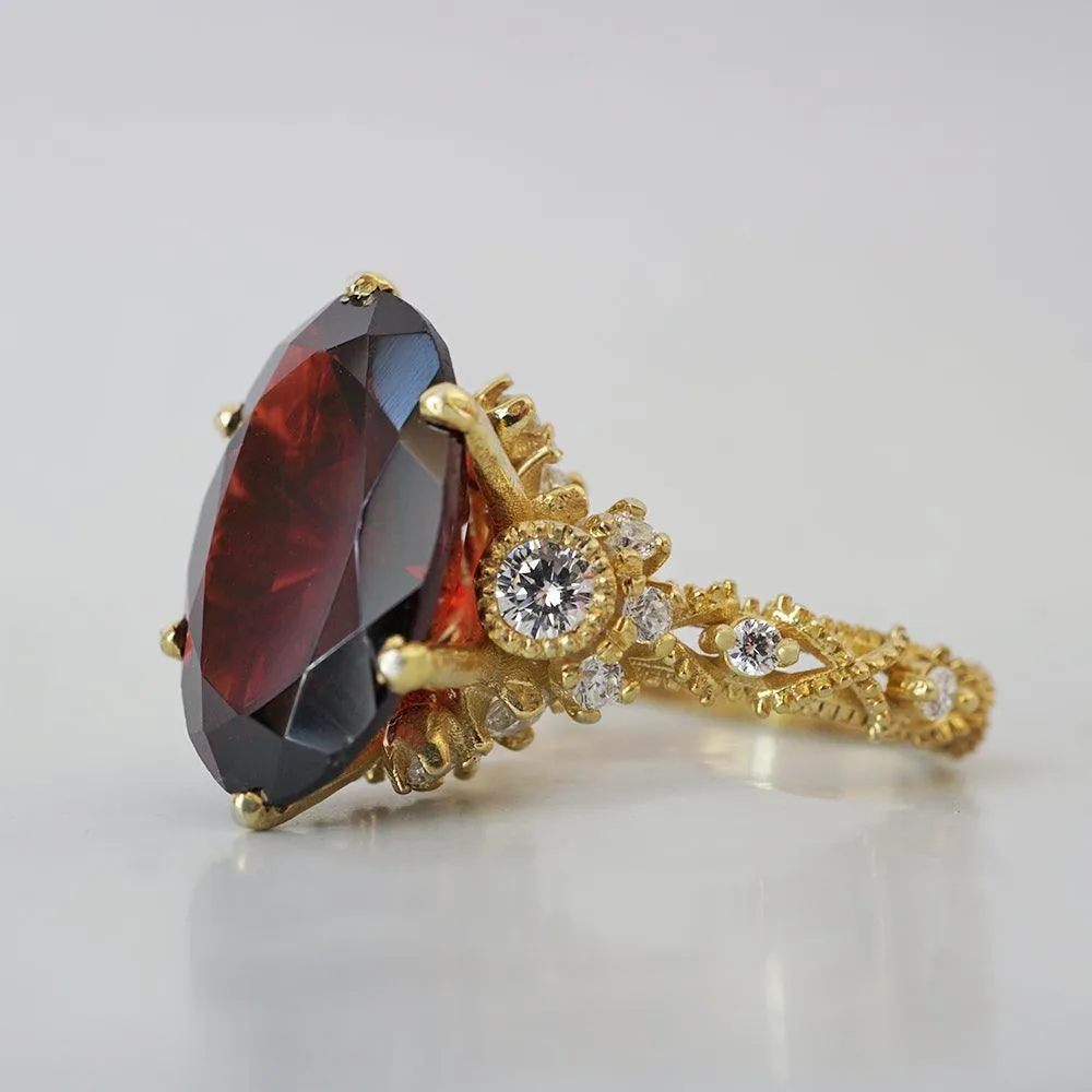 Oval Garnet Queen Victoria Diamond Ring in 14K and 18K Gold