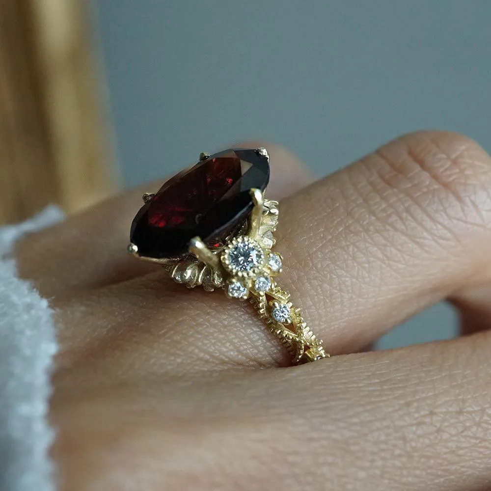 Oval Garnet Queen Victoria Diamond Ring in 14K and 18K Gold