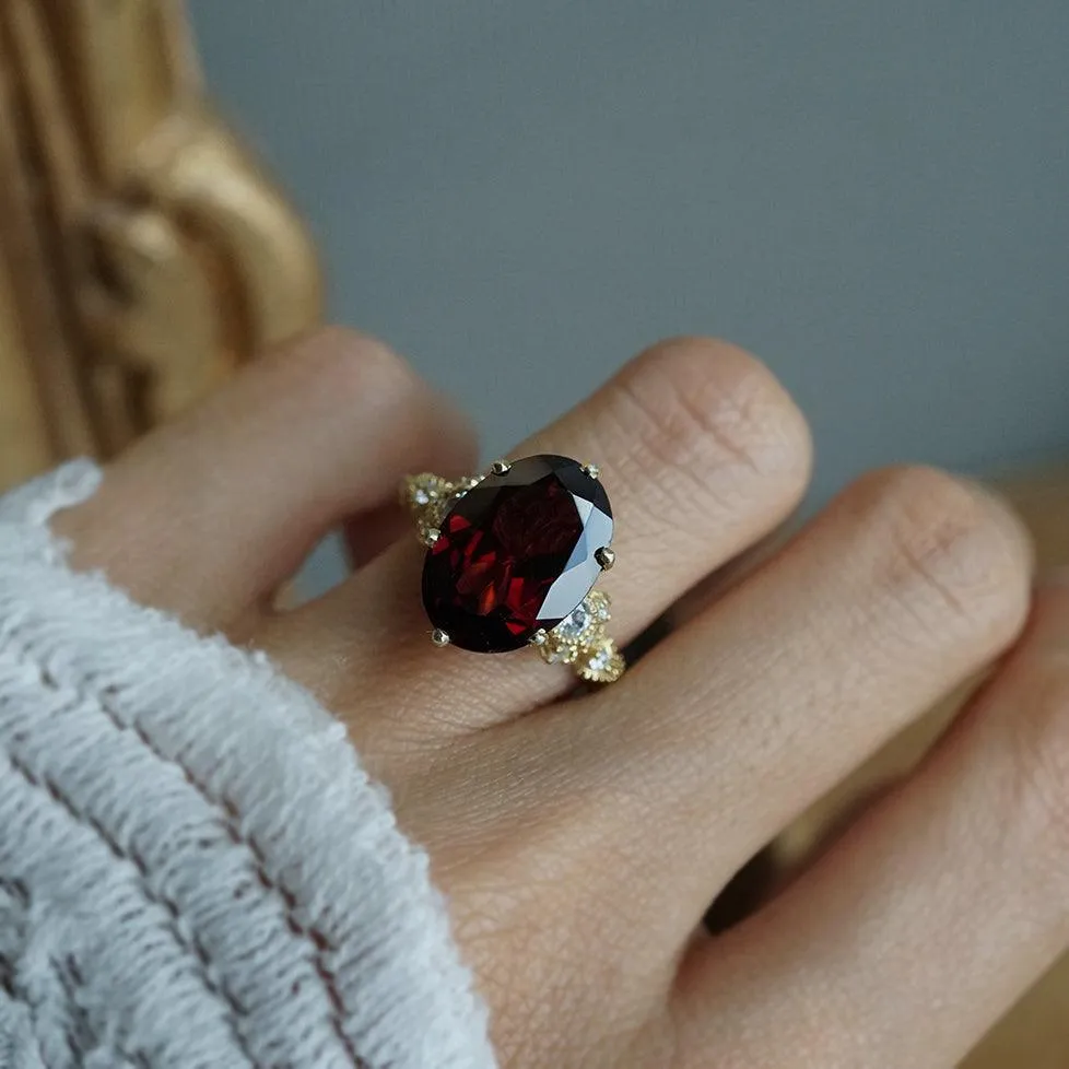 Oval Garnet Queen Victoria Diamond Ring in 14K and 18K Gold