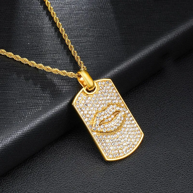 Paved Rhinestone Studded Lips Bling Rope Chain Stainless Steel Hip-hop Pendant Necklace