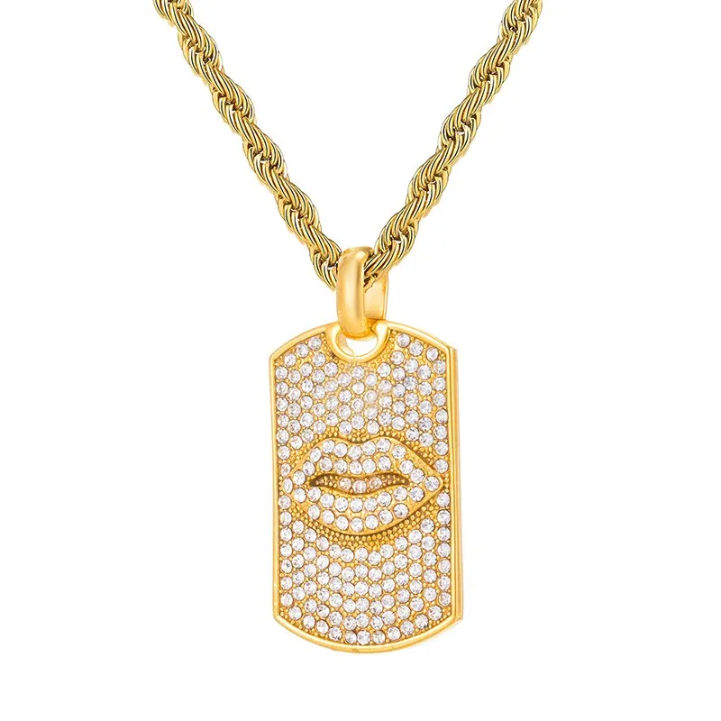 Paved Rhinestone Studded Lips Bling Rope Chain Stainless Steel Hip-hop Pendant Necklace